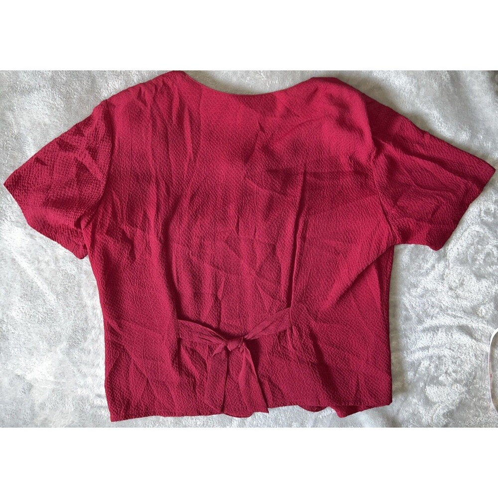 Ship N Shore Vintage 80s Womens L Blouse Red Button Up Rayon Top Back Bow Tie - Picture 2 of 9